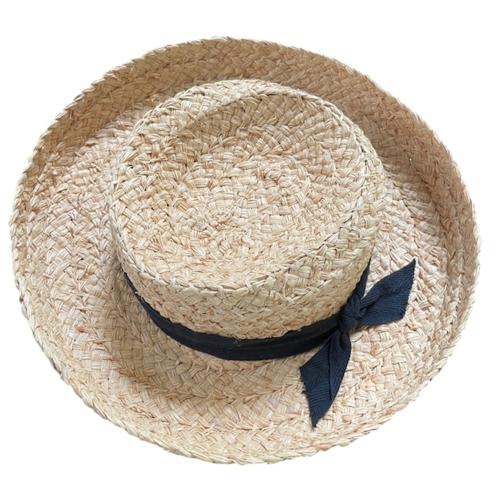 Round Straw Sun Tan Hat Black Bow Summer Vacation Resortwear Beach Coastal OS